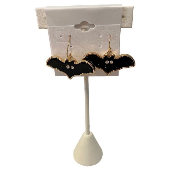Spooktacular Sparkly Black Bat Earrings w/ Crystal Eyes. - Picture 1 of 6